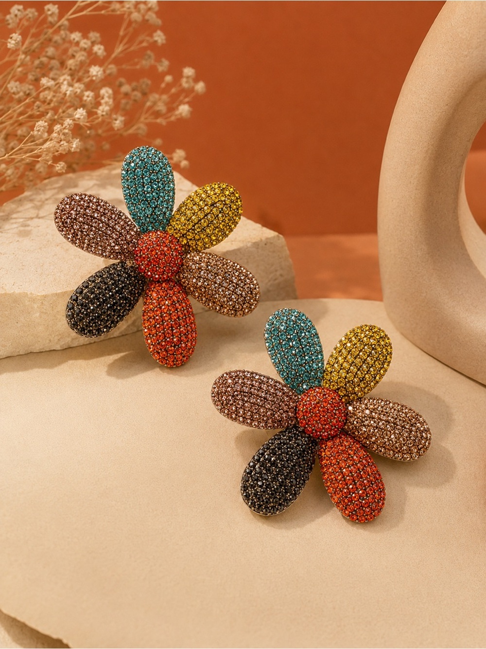 π Crystal Flower Statement Earrings | Colorful Rhinestone Daisy Earrings - Picture 3 of 4